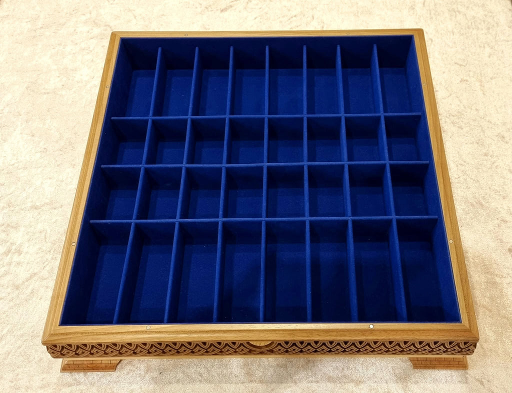 Blue velvet piece tray — every chessman has its place