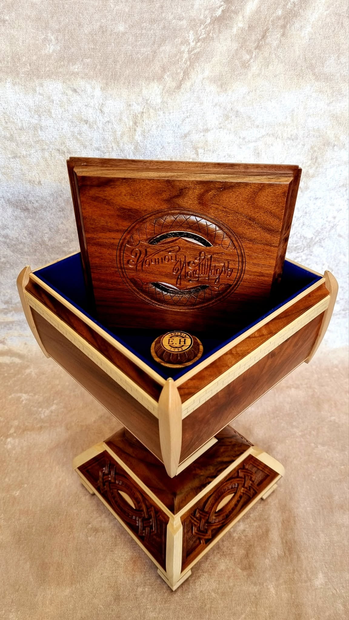 Secret Compartment Box — interior with maker's mark and medallion