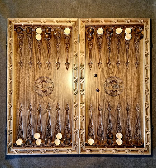 Backgammon (Nardi) open with checkers — hand-carved walnut and hornbeam by Edgar Hovhannisyan