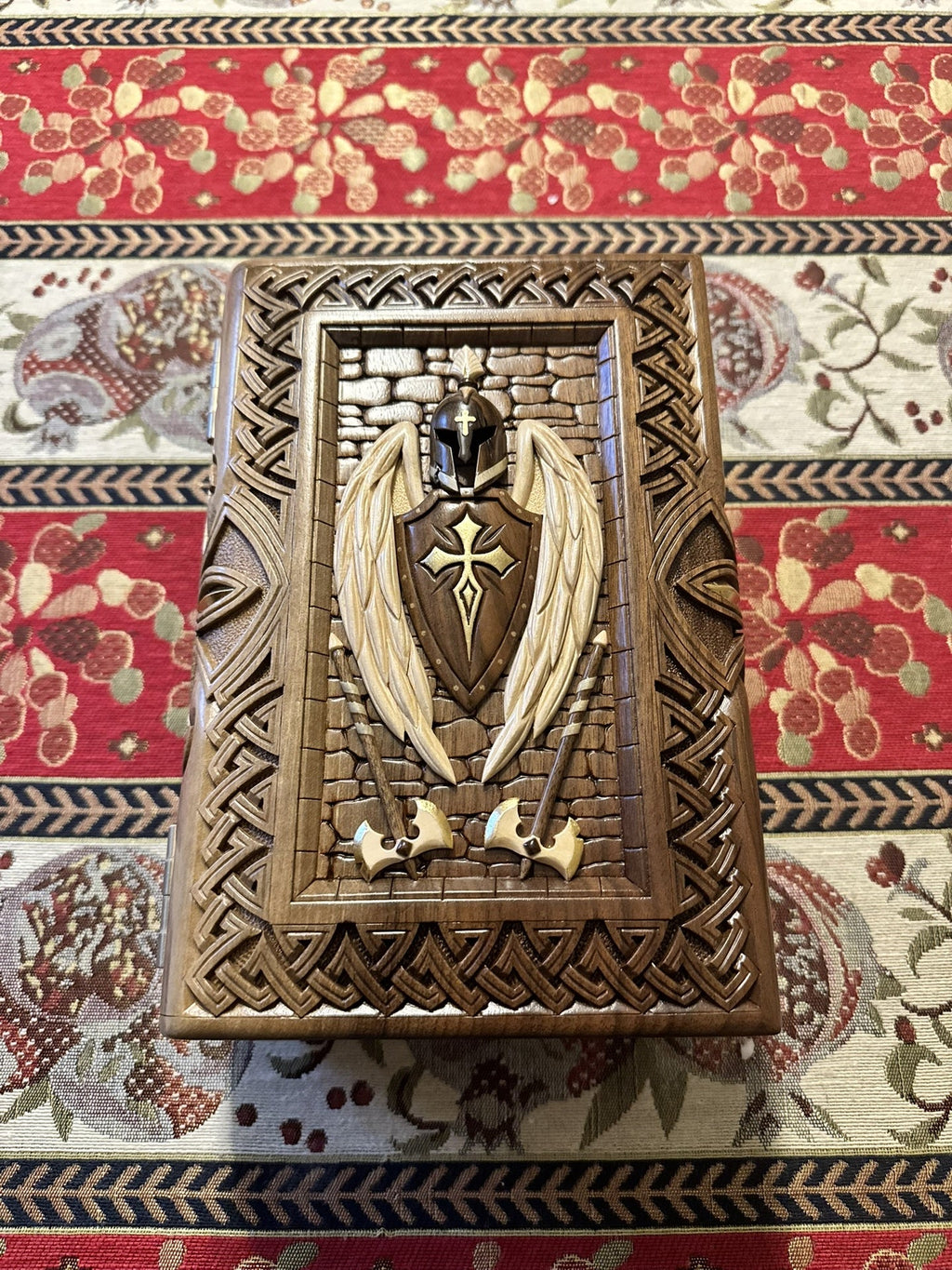 Medium Box with carved knight helmet and shield, gold leaf gild